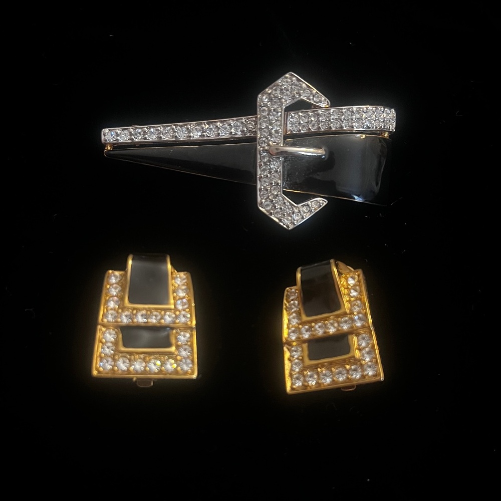 Vintage Puccini Art Deco Gold and Black Enamel/Rhinestone Brooch an Earring Set